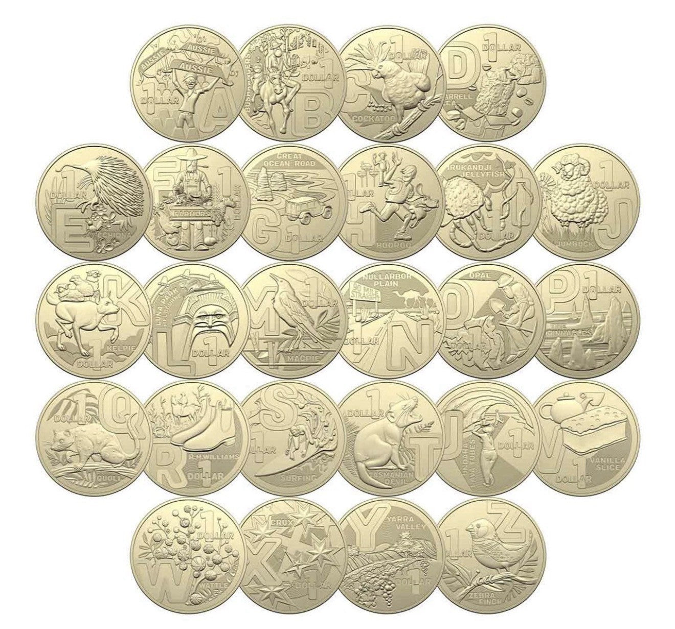 UNC 2022 Great Aussie Coin Hunt $1 Alphabet Set 26 Coins A-Z From Security Bag