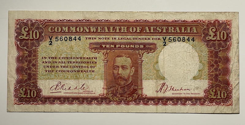 Australia 1934 £10 Ten Pounds Riddle/Sheehan Paper Banknote R80 VF KGV (1934TE)