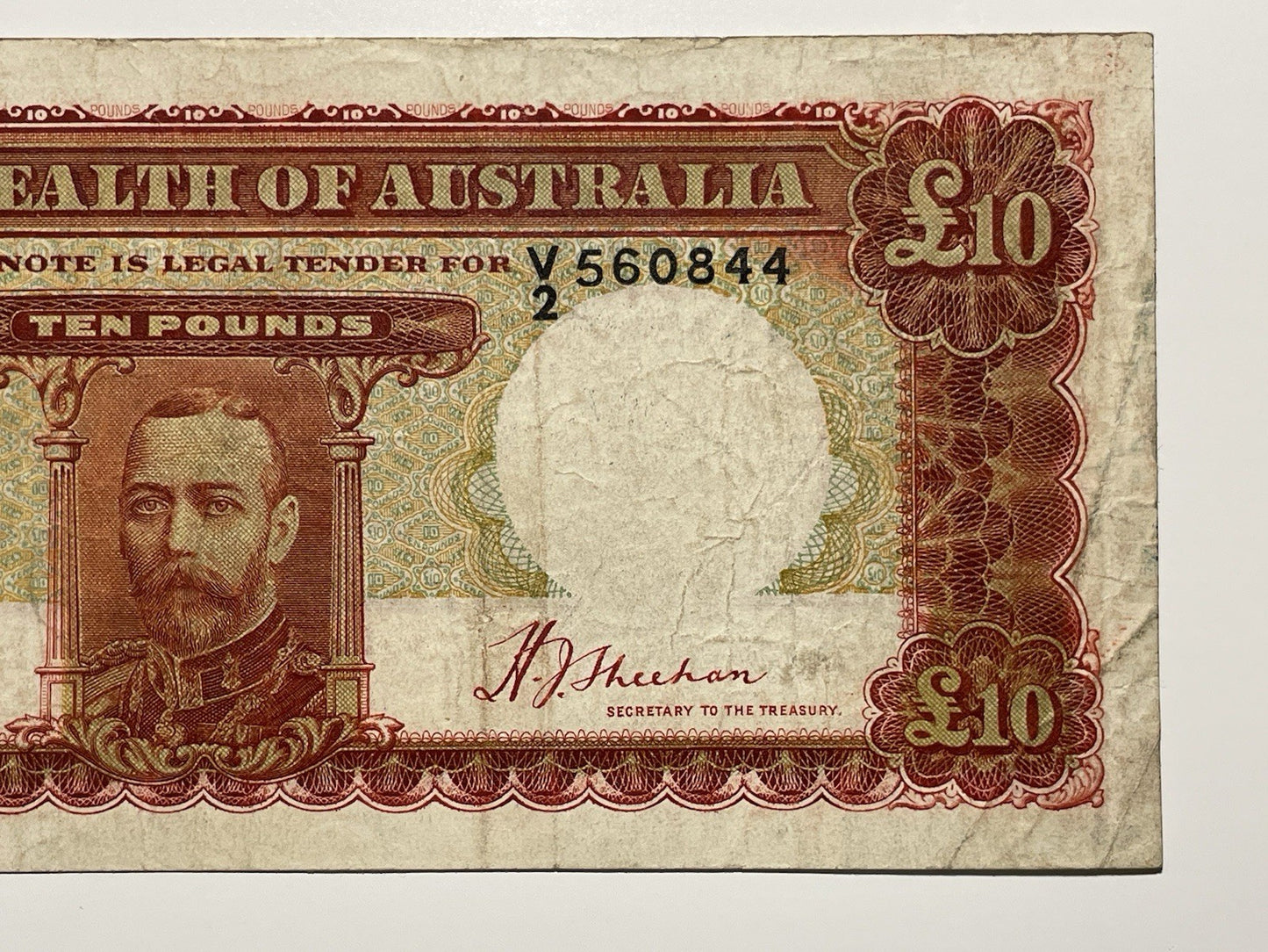 Australia 1934 £10 Ten Pounds Riddle/Sheehan Paper Banknote R80 VF KGV
