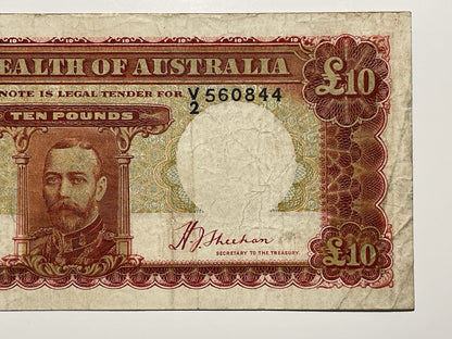 Australia 1934 £10 Ten Pounds Riddle/Sheehan Paper Banknote R80 VF KGV