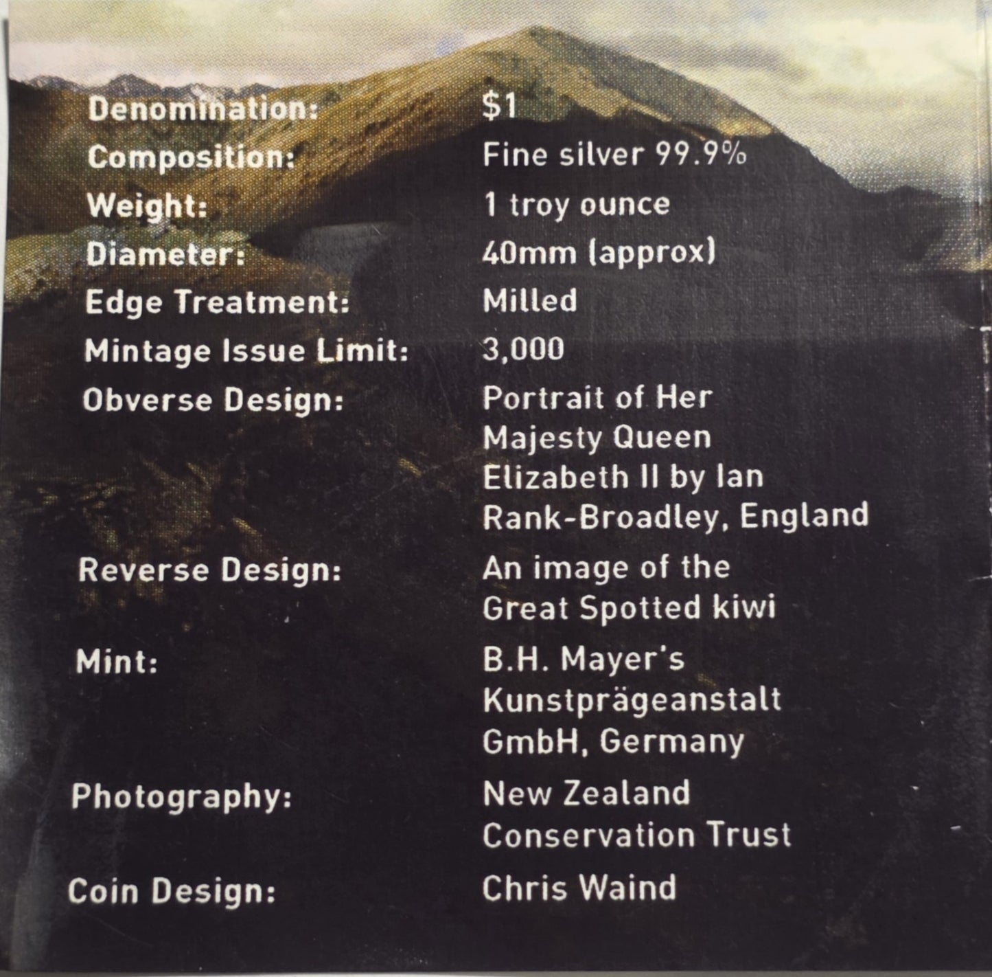 New Zealand 2007 Silver Dollar The Great Spotted Kiwi 1oz 999 Silver Proof Coin (NZ2007)