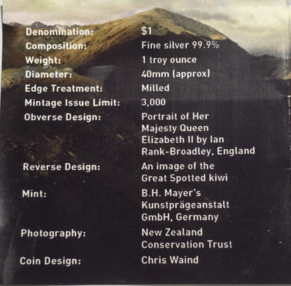 New Zealand 2007 Silver Dollar The Great Spotted Kiwi 1oz 999 Silver Proof Coin (NZ2007)