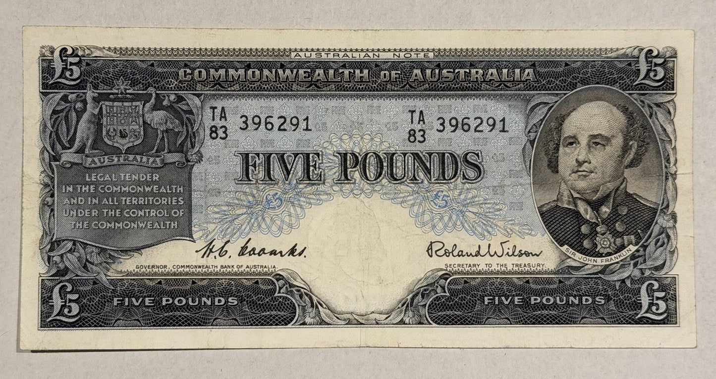 Commonwealth of Australia 1961 £5 Five Pound Coombs/Wilson Paper Banknote VF