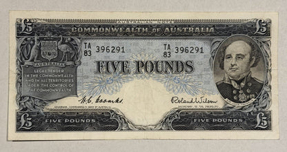 Commonwealth of Australia 1961 £5 Five Pound Coombs/Wilson Paper Banknote VF