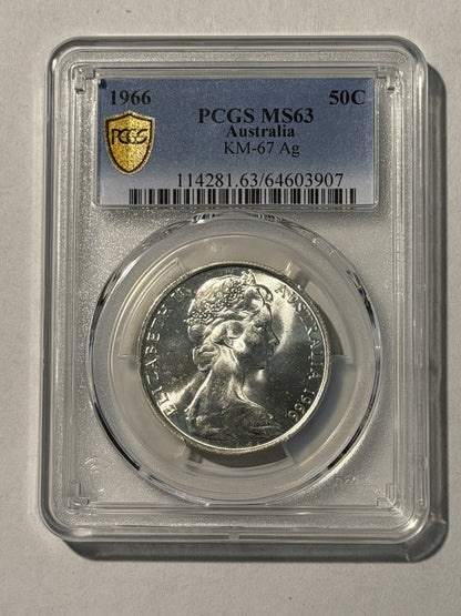 Australia 1966 Round 50c Fifty Cent PCGS Graded MS63 UNC 80% Silver Coin