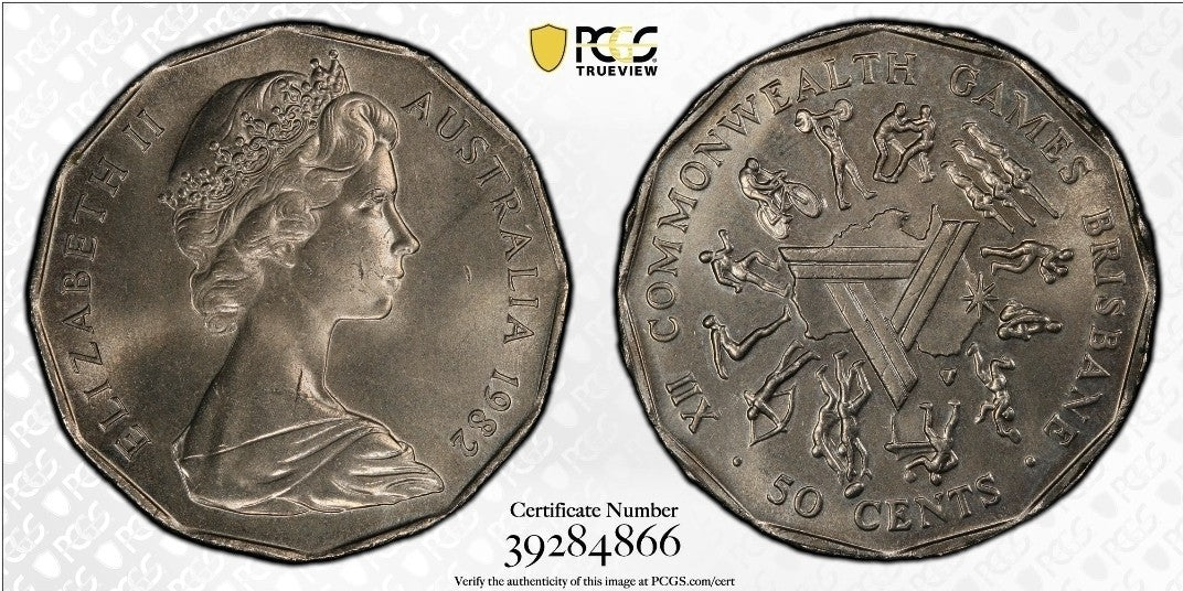 Australia 1982 Error Ramstrike Finned Rim Fifty Cents 50c Coin PCGS MS65