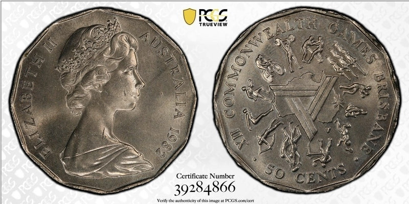 Australia 1982 Error Ramstrike Finned Rim Fifty Cents 50c Coin PCGS MS65