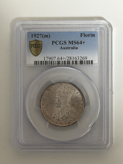 Australia 1927(m) Florin 2/- Two Shillings PCGS Graded MS64+ Plus Silver Coin