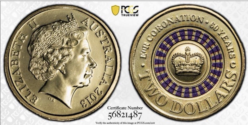 Australia 2013 C Mint Mark $2 Queen’s Coronation PCGS Graded MS67 Coloured Coin