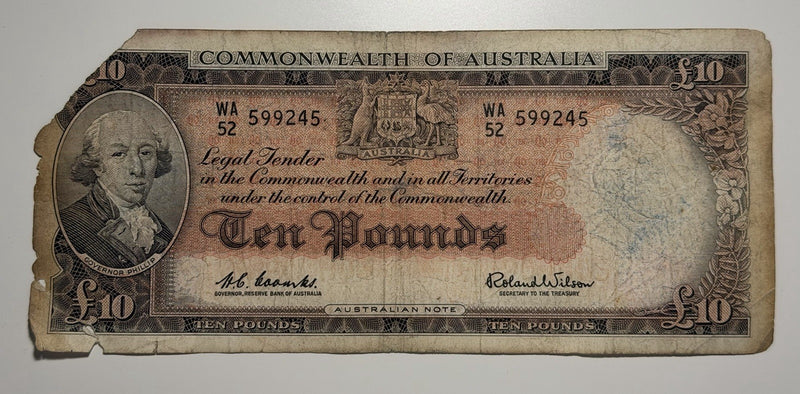 Australia 1960 £10 Ten Pound Coombs/Wilson Paper Banknote Incomplete Body Good