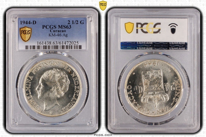 Netherlands Curacao 1944D 2 1/2 Gulden PCGS Graded MS63 UNC Silver Coin