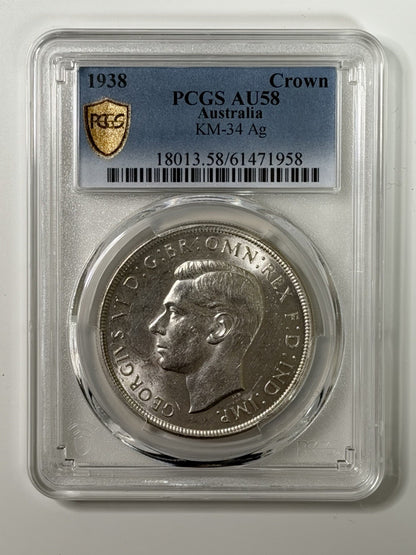 Australia 1938 Crown 5/- Five Shillings PCGS Graded AU58 Large Silver Coin