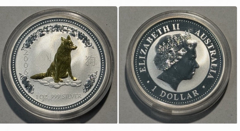 2006 Australia Perth Mint Lunar Gilded Dog 1oz $1 Series I Silver UNC Coin