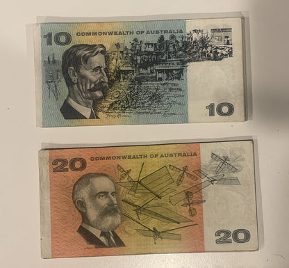 Commonwealth Of Australian $10 Ten & $20 Twenty Dollar Paper ONE OF EACH Circ 💸
