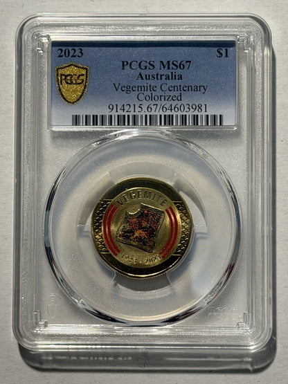 Australia 2023 $1 One Dollar Vegemite Centenary PCGS Graded MS67 Coloured Coin