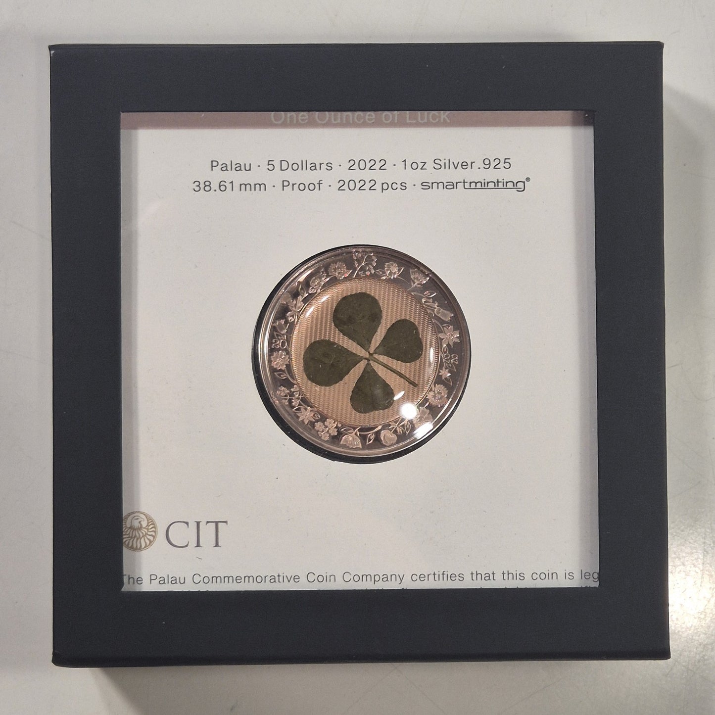 2022 Palau $5 1oz Four Leaf Clover Luck Silver Proof Rose Gold Gilded Coin Cased
