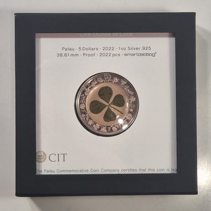 2022 Palau $5 1oz Four Leaf Clover Luck Silver Proof Rose Gold Gilded Coin Cased