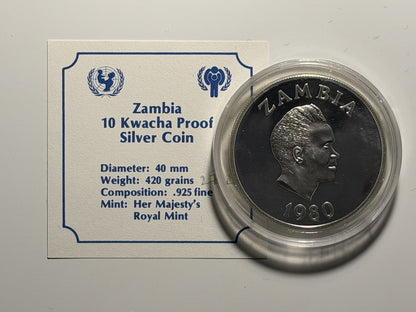 Zambia 1980 10 Ten Kwacha Year of the Child Silver Proof Coin