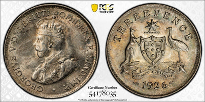 Australia 1926 (m,sy) 3d Three Pence PCGS Graded MS64 UNC Coin Scarce