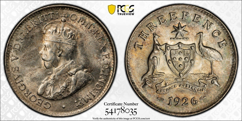 Australia 1926 (m,sy) 3d Three Pence PCGS Graded MS64 UNC Coin Scarce