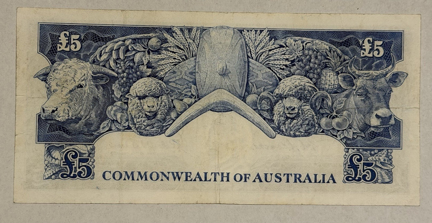 Commonwealth of Australia 1961 £5 Five Pound Coombs/Wilson Paper Banknote VF