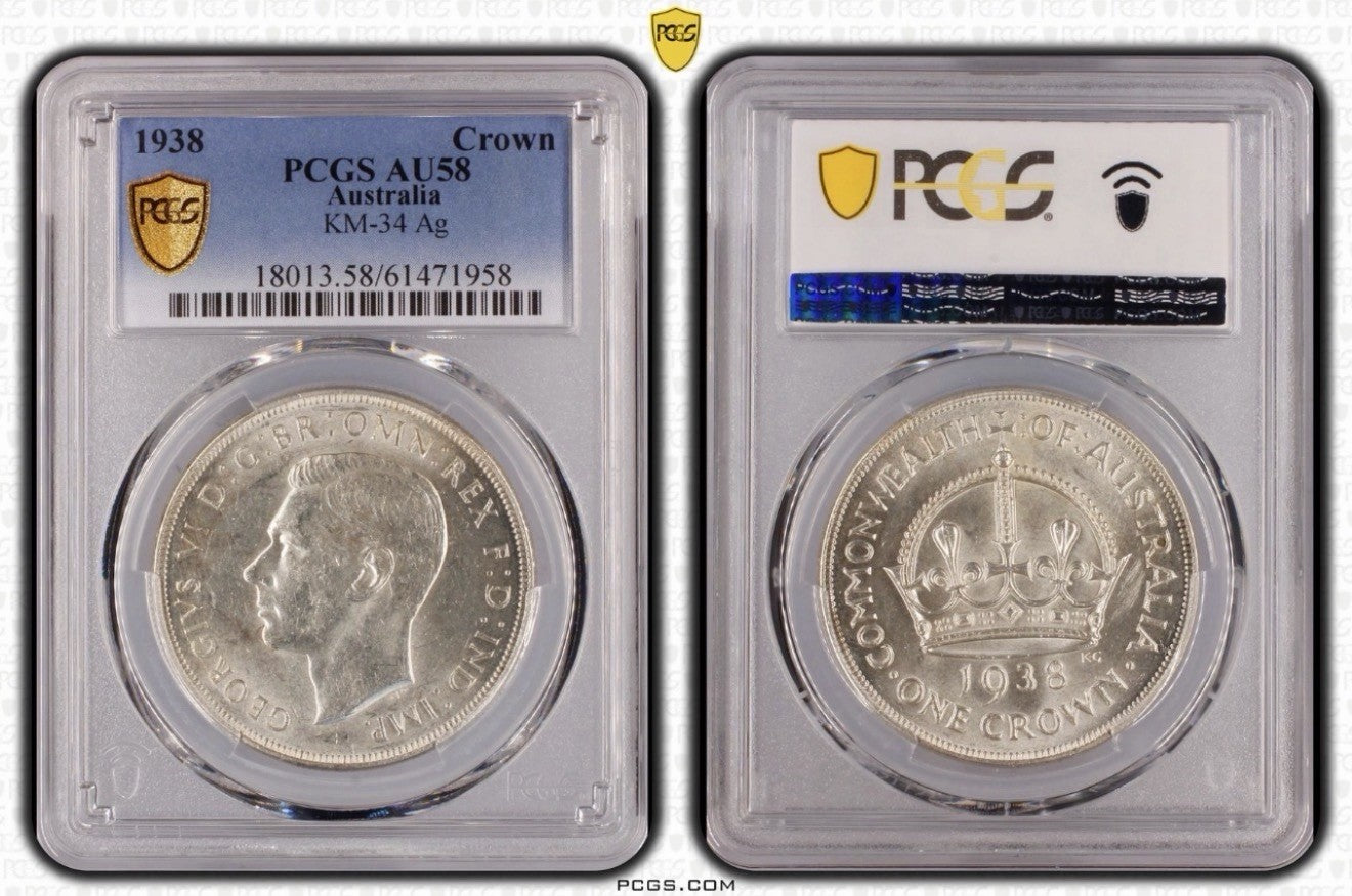 Australia 1938 Crown 5/- Five Shillings PCGS Graded AU58 Large Silver Coin