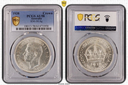 Australia 1938 Crown 5/- Five Shillings PCGS Graded AU58 Large Silver Coin