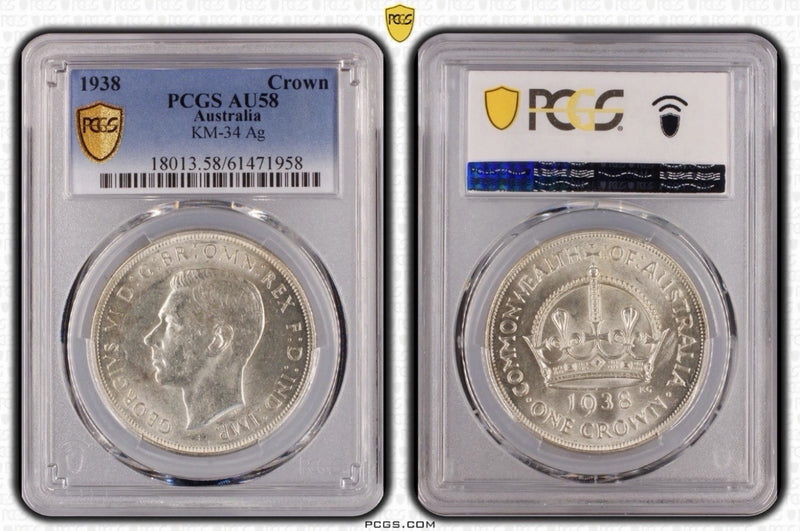 Australia 1938 Crown 5/- Five Shillings PCGS Graded AU58 Large Silver Coin
