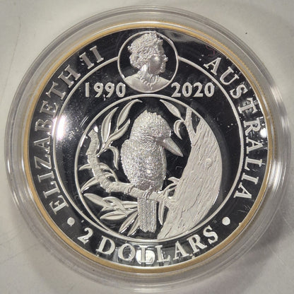 Australia 2020 Kookaburra $2 2oz 30th Anni High Relief Gilded Silver Proof Coin