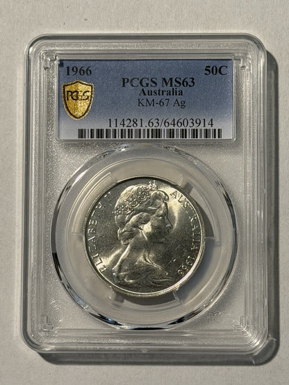 Australia 1966 Round 50c Fifty Cent PCGS Graded MS63 UNC 80% Silver Coin