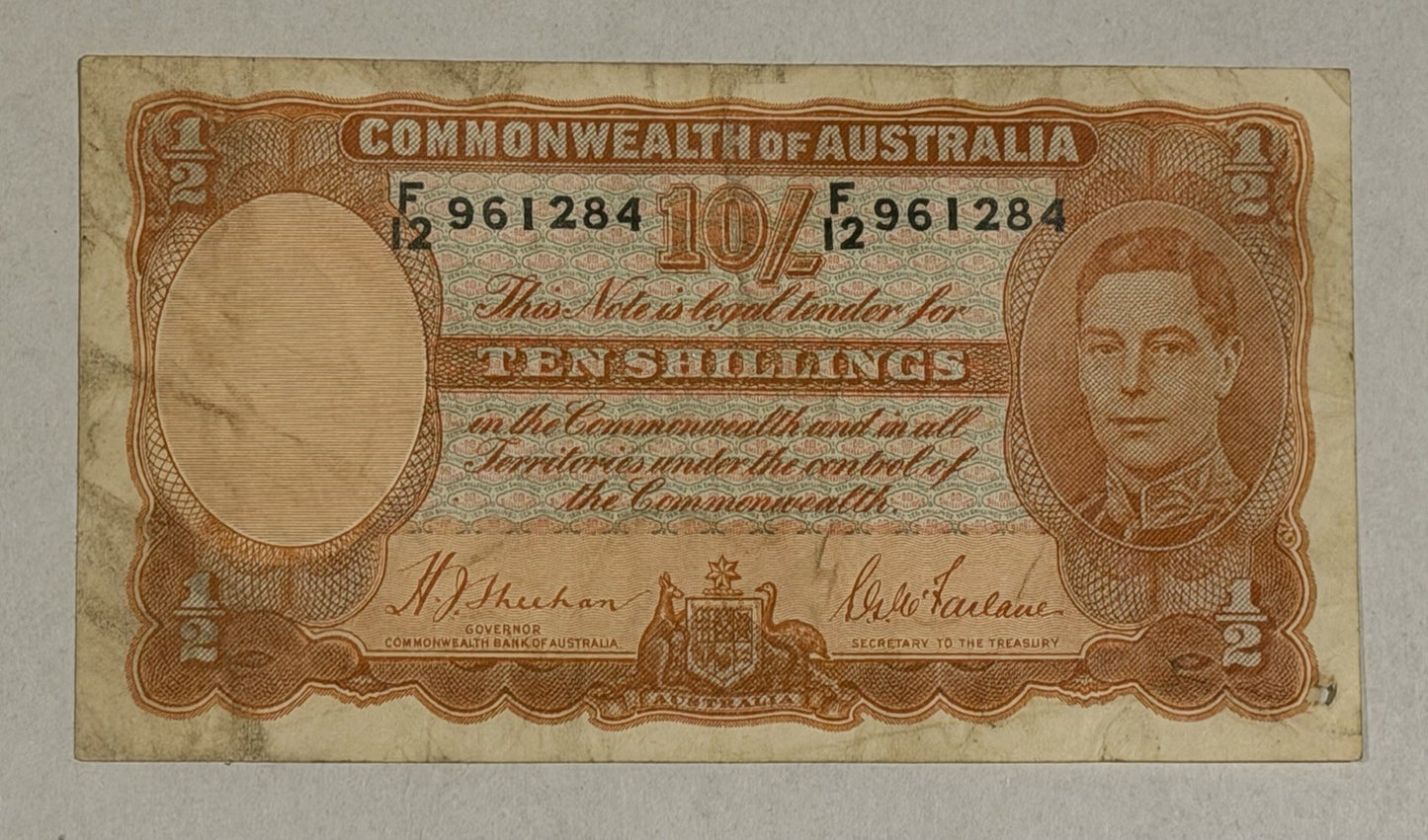 Commonwealth Australia 1939 10/- Ten Shillings Sheehan/Mcfarlane Banknote VF