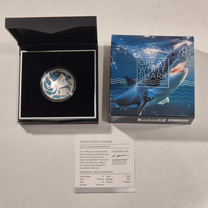 Australia 2022 Great White Shark 1oz $5 Five Dollars Coloured Silver Proof Coin