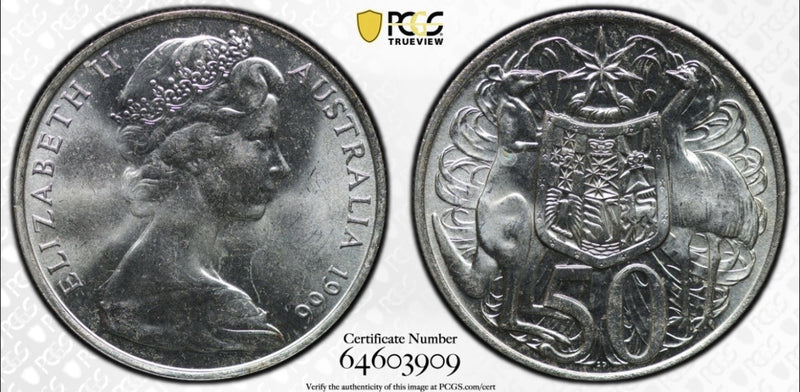 Australia 1966 Round 50c Fifty Cent PCGS Graded MS64 UNC 80% Silver Coin