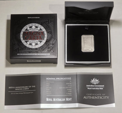 Australia 2015 $5 800th Anniversary Magna Carta 1oz 999 Fine Silver Rectangular