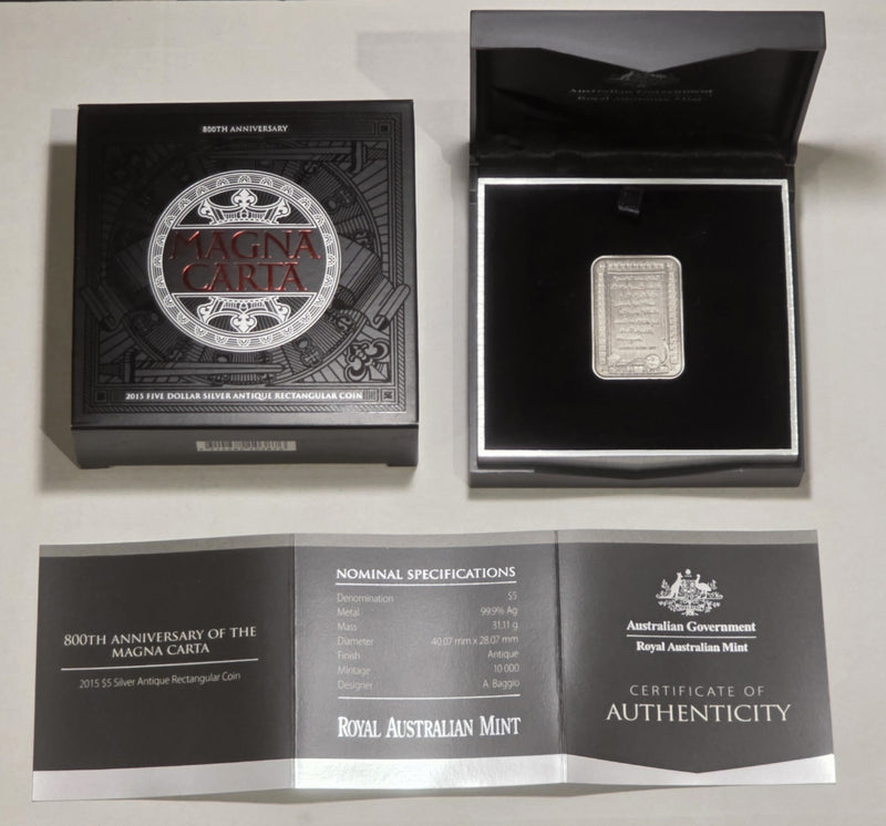 Australia 2015 $5 800th Anniversary Magna Carta 1oz 999 Fine Silver Rectangular