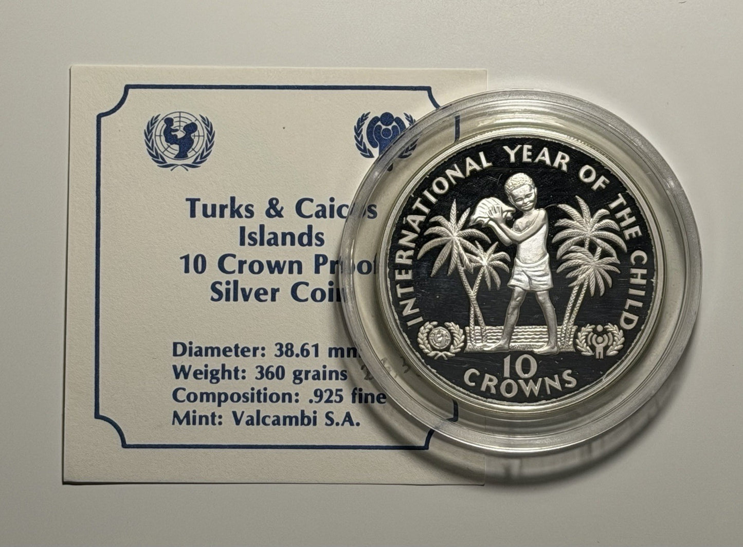 Turks & Caicos Islands 1982 10 Crowns Year of the Child Silver Proof Coin