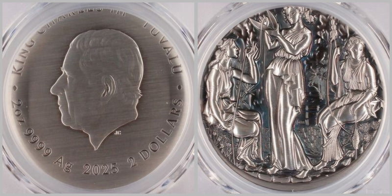 Tuvalu 2025 The Moirai $2 2oz Error Struck 5% Off Centre PCGS MS69 Perth Mint
