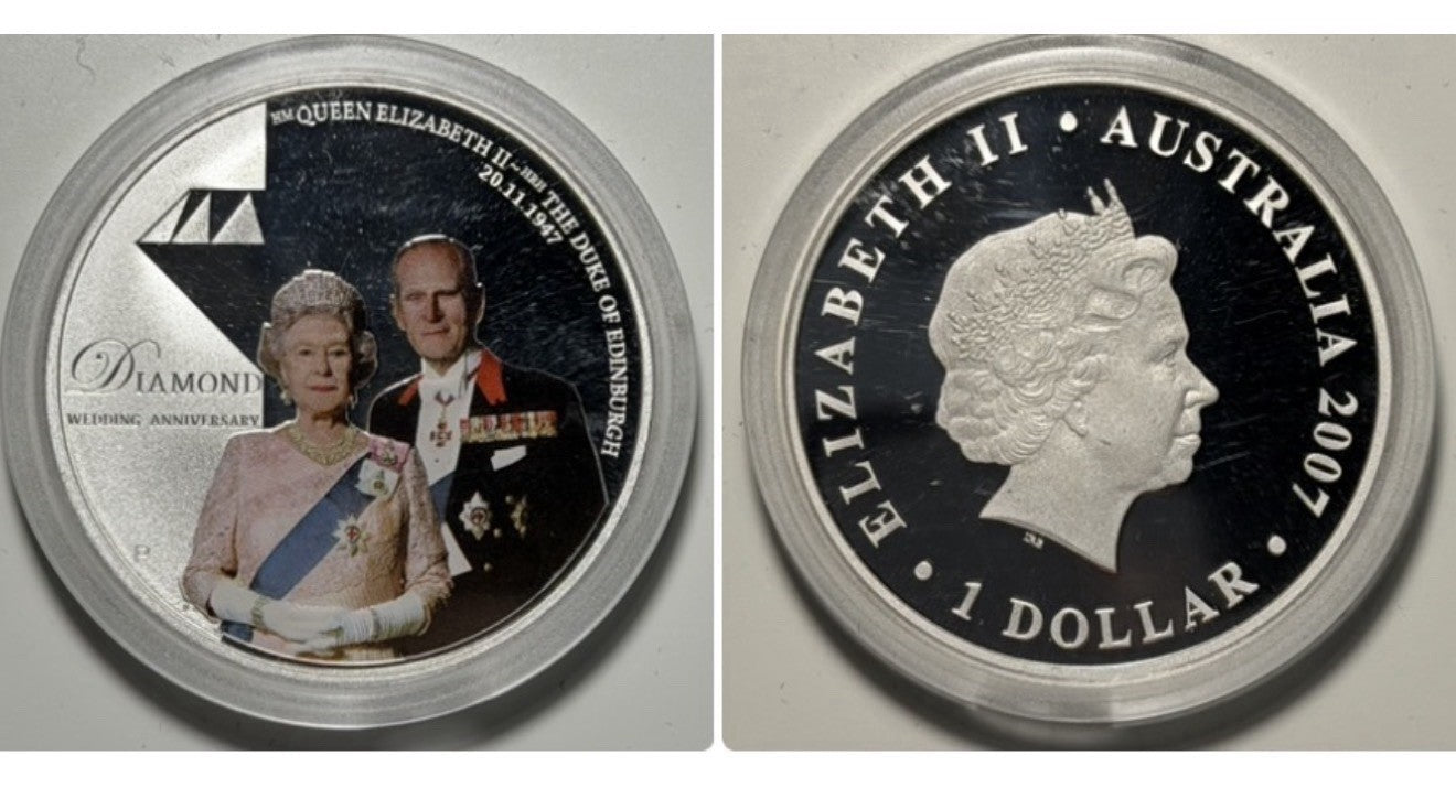 Australia 2007 Diamond Wedding Anniversary $1 1oz 999 Silver Proof Coin
