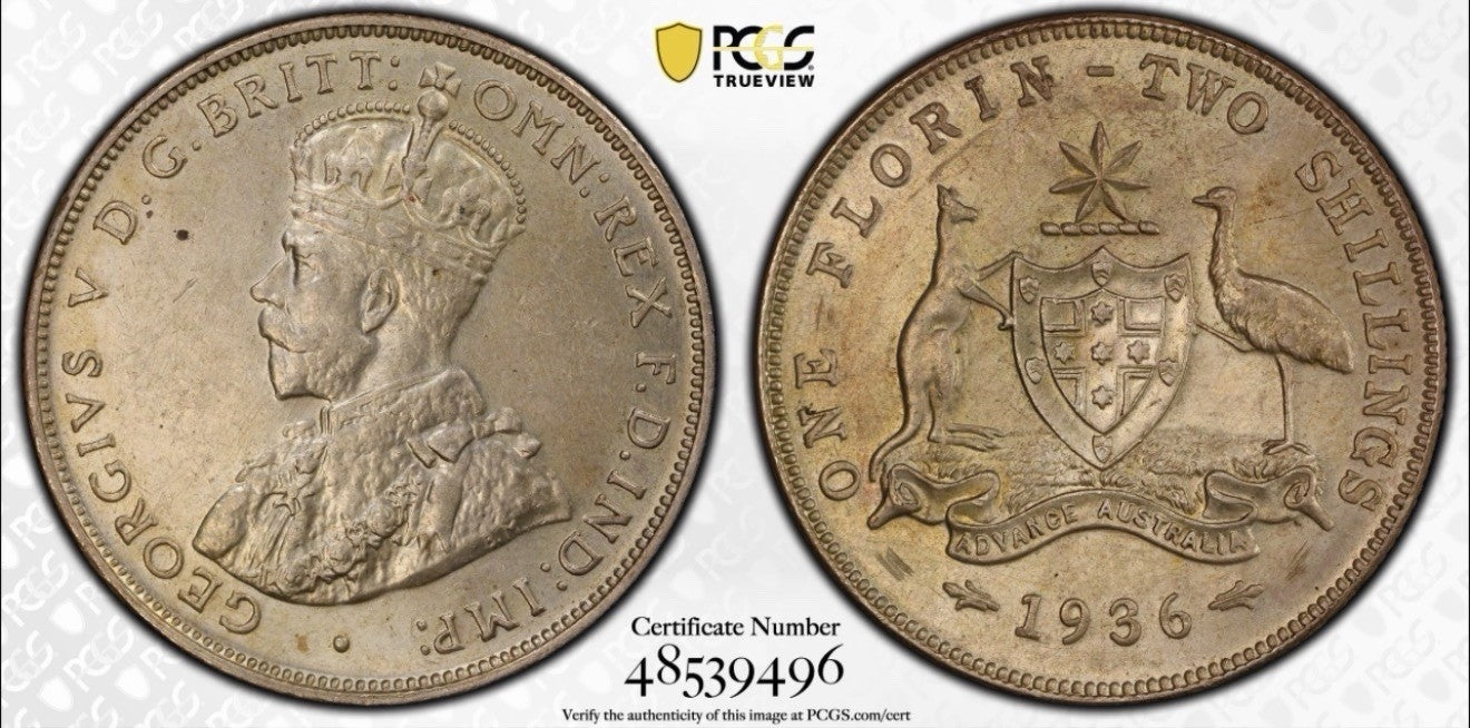Australia 1936(m) Florin 2/- Two Shillings 92.5% Silver PCGS Graded AU58 aUNC