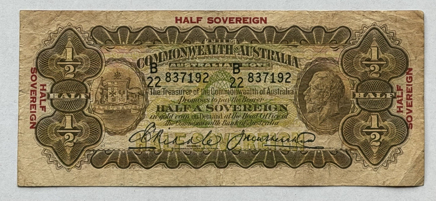 Australia 1928 Half Sovereign 10/- Riddle/Heathershaw Paper Banknote Fine