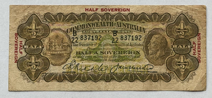Australia 1928 Half Sovereign 10/- Riddle/Heathershaw Paper Banknote Fine