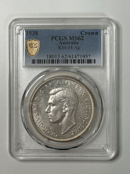 Australia 1938 Crown 5/- Five Shillings PCGS Graded MS62 Large Silver Coin