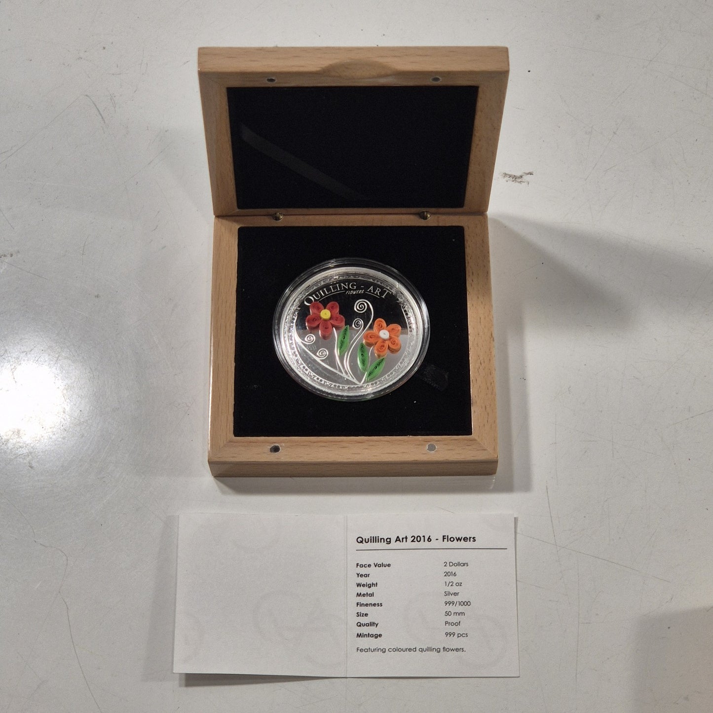 2016 Cook Islands Silver Proof $2 Coin Quilling Art Flowers in Case with Cert