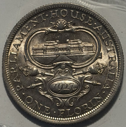Australia aUNC 1927 Canberra Silver Florin 2/- Two Shillings Predecimal Coin (1927CanberraFlorinAU2)