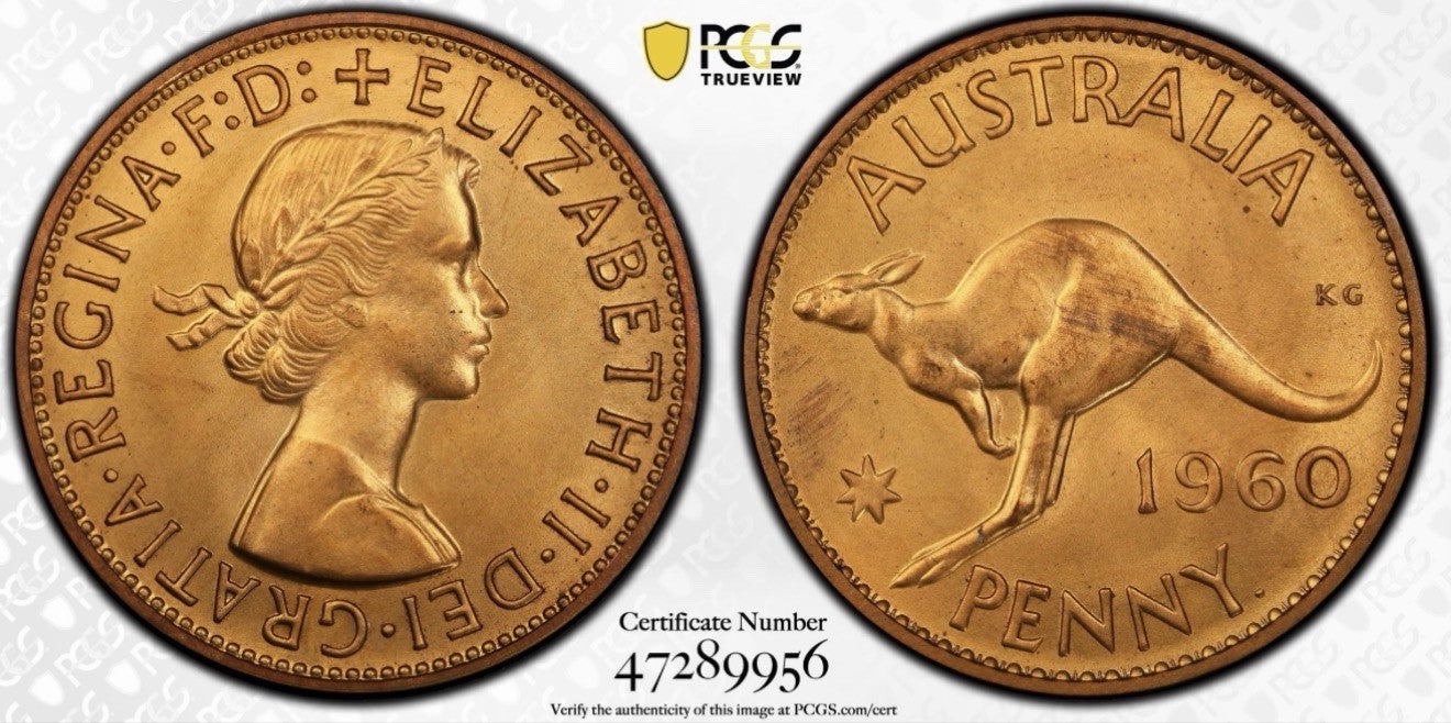 Australia 1960(p) Y. Proof One Penny 1d PCGS Graded PR65RD Red Copper Coin