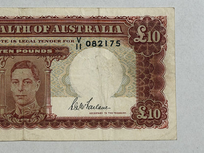 Australia 1943 £10 Ten Pound Armitage/McFarlane KGV Paper Banknote VF