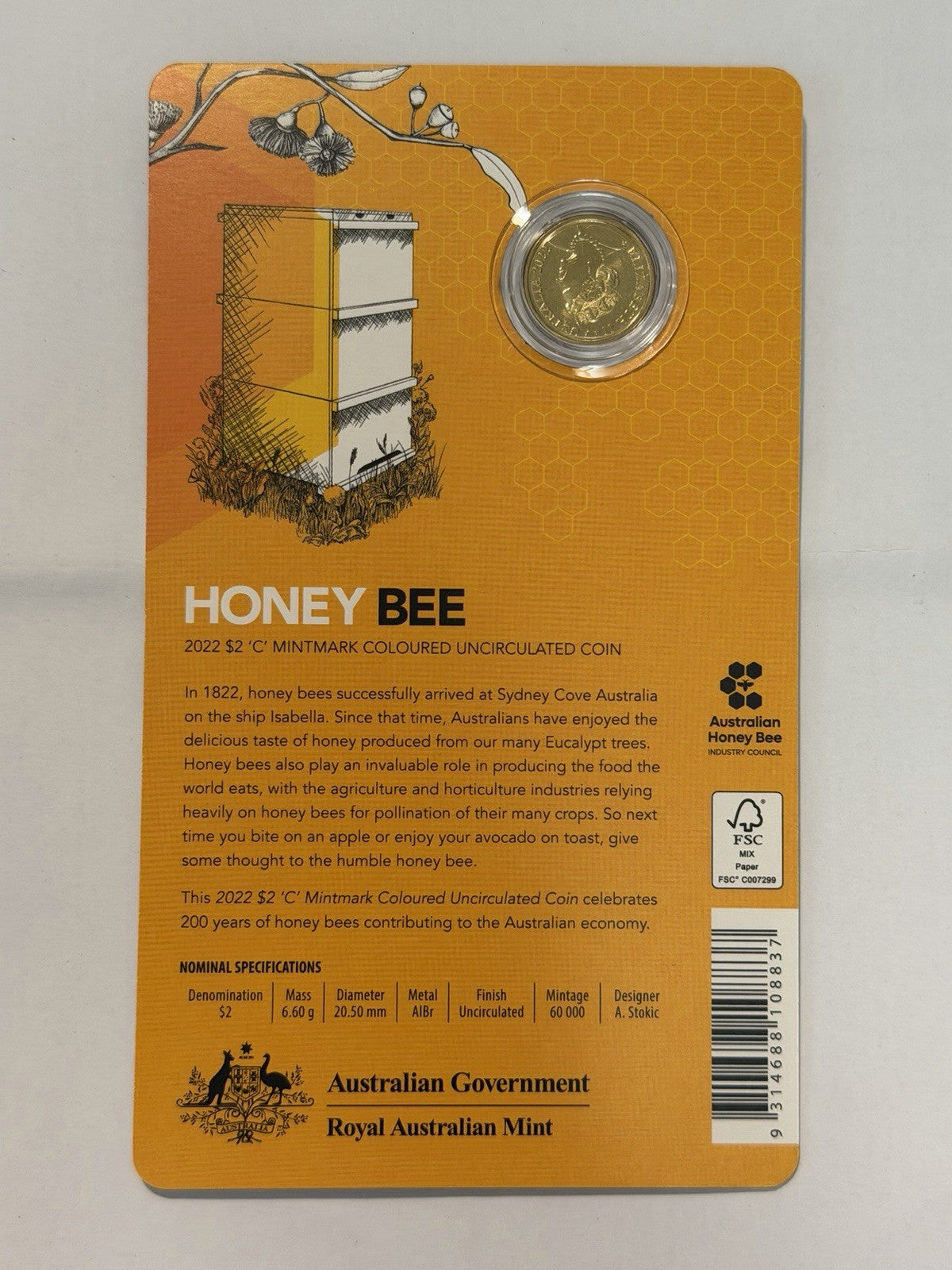 Australia 2022 $2 Two dollars Honey Bee C Mint Mark UNC Coin RAM Card