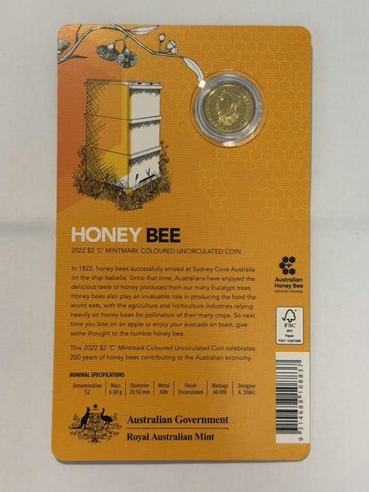 Australia 2022 $2 Two dollars Honey Bee C Mint Mark UNC Coin RAM Card