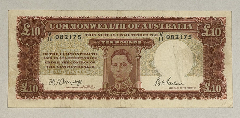 Australia 1943 £10 Ten Pound Armitage/McFarlane KGV Paper Banknote VF