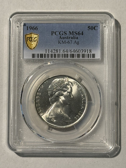 Australia 1966 Round 50c Fifty Cent PCGS Graded MS64 UNC 80% Silver Coin
